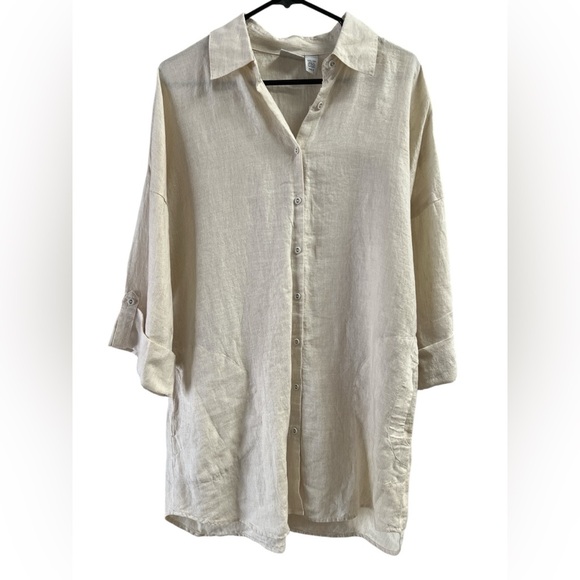 Chicos linen cream button down blouse roll up sleeve with pockets - Picture 1 of 4